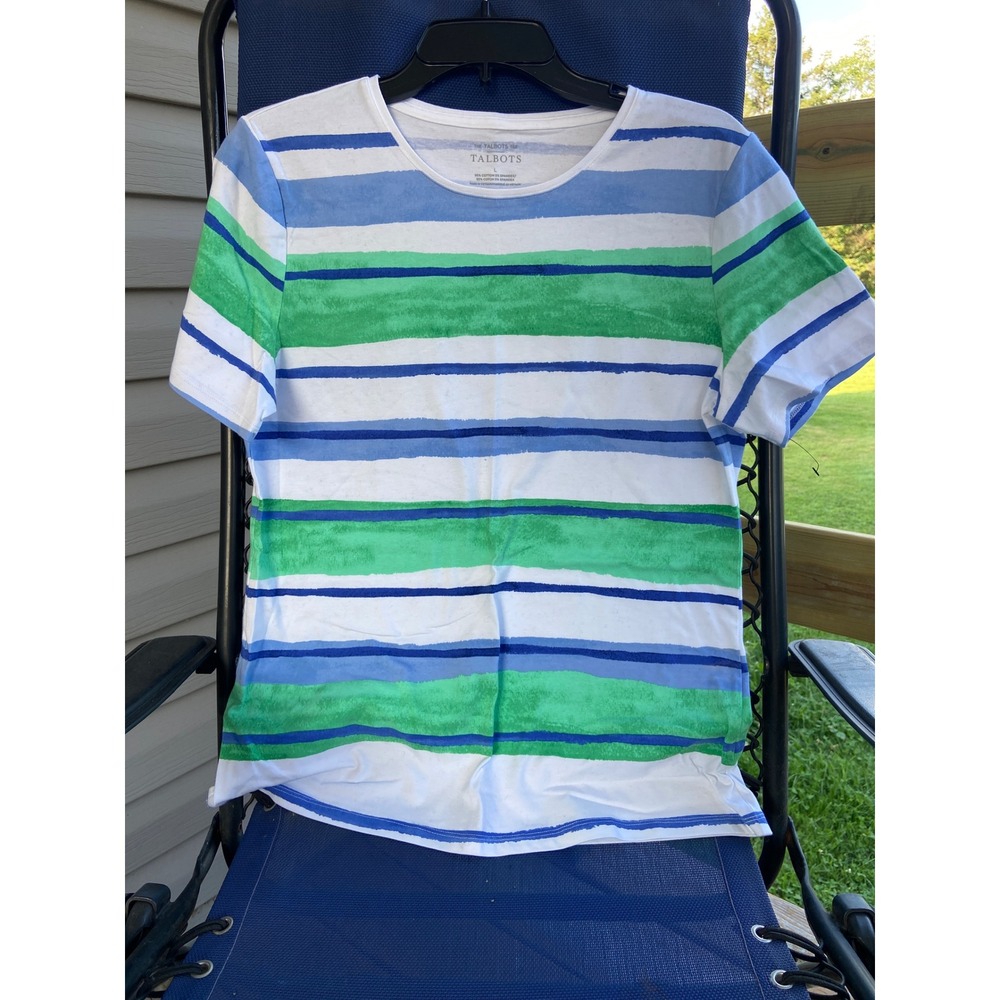 Talbots Womens Large Blue Green Watercolor Striped Short Sleeve Crewneck Tee NWT